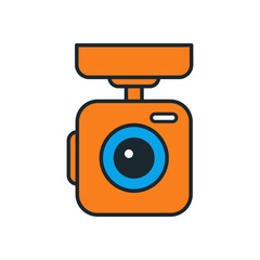Modern orange surveillance camera icon with bold blue lens in flat cartoon vector style