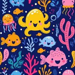 Fototapeta premium seamless repeating pattern of bright cartoon jellyfish, fish, seahorses, starfish, and undersea plants