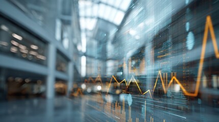 Blurred office interior with digital graph overlay representing finance or business.