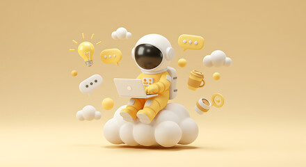 Cute astronaut character sitting on cloud with laptop 3D illustration for technology and communication concepts