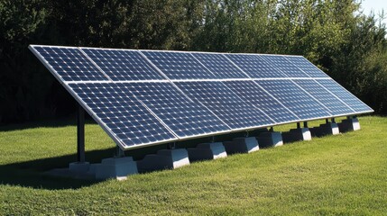 Solar panels on grass reflecting renewable energy.