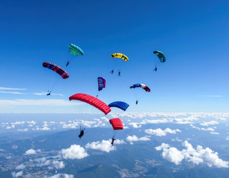 Multicolored Parachutes In The Sky Above Clouds