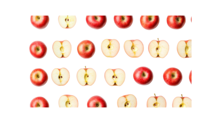 Red Apple Pattern Whole and Halved Apples on Transparent Background