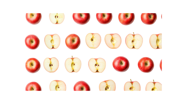 Red Apple Pattern Whole and Halved Apples on Transparent Background