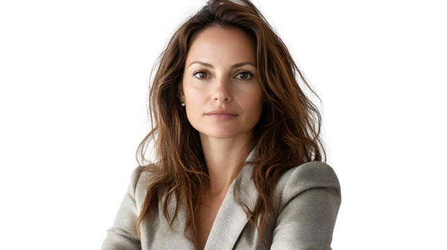 Elegant Brazilian woman in 40s on white background looking confident and sophisticated