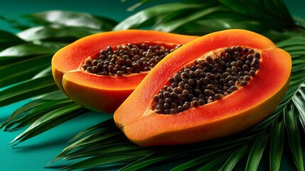 Two pieces of orange fruit with seeds on the inside