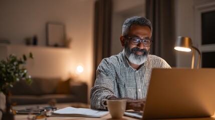 Man with beard using laptop at desk in dimly lit room at night.