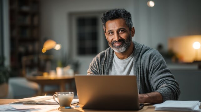 Man smiling at camera while working on a laptop at home.