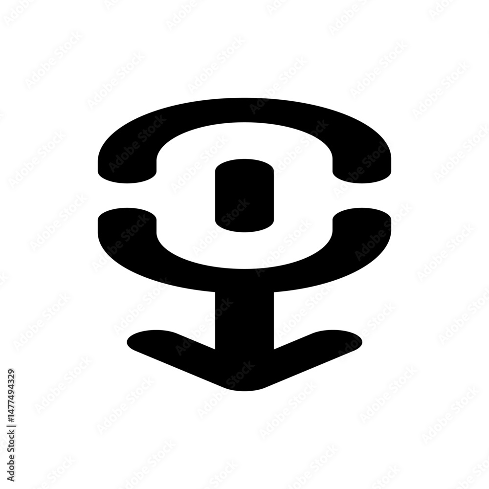 Poster black icon of a rounded arrow pointing downwards with a semicircle and line above it design element