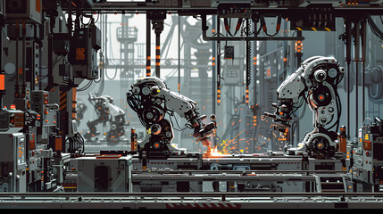 Robotic arms welding metal in an industrial factory setting with sparks flying and complex machinery around .