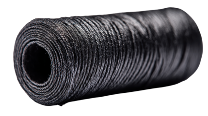 Close-up of a black sewing thread spool. transparent background