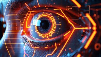 Close-up of a human eye integrated with glowing orange futuristic digital interface elements and cybernetic textures in a sci-fi environment

 - Powered by Adobe