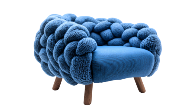 Stylish Scandinavian Blue Armchair with Knitted Seat and Wood Finish