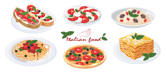 et Italian food in cartoon style. Vector illustration of delicious dishes: caprese salad, bruschetta, risotto, pasta, pizza, lasagna, isolated on white background. National dishes of Italian food.