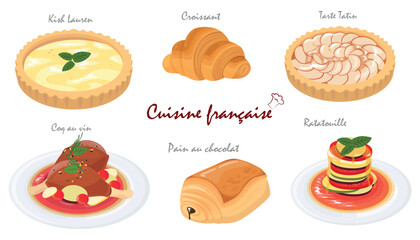 Set of tasty French cuisine dishes in cartoon style.Vector illustration of French dishes: Quiche Lorraine,croissant,Tarte Tatin, Coq au vin, Pain au chocolat, Ratatouille isolated on white background.