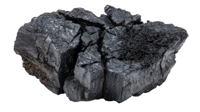 Natural piece of coal with unique textures. transparent background