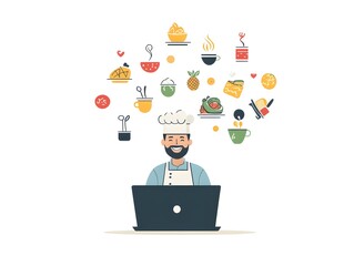 A happy chef with a beard uses a laptop to plan a delicious menu of diverse food and drinks.