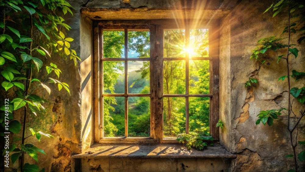 Aufkleber sunlit rustic window overgrown with lush greenery, offering a serene view of a verdant landscape bey