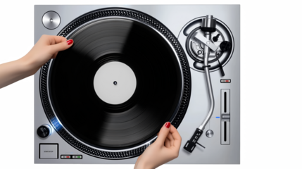 Woman's Hands Carefully Placing Vinyl Record on Turntable for DJing