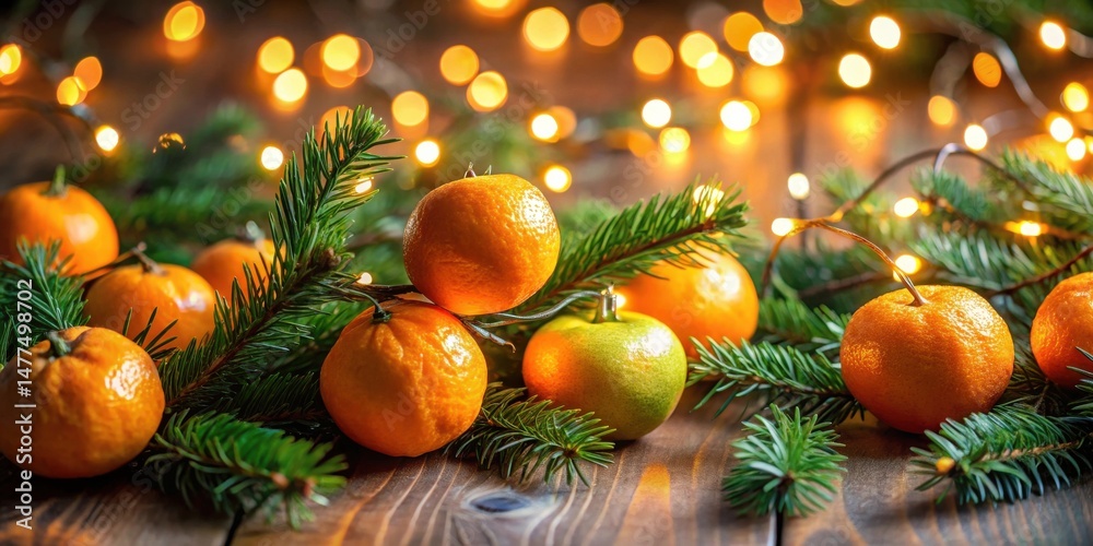 Aufkleber A Festive Arrangement of Citrus Fruits and Evergreen Branches Adorned with Warm String Lights on a Rustic Wooden Surface