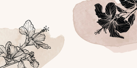 Abstract floral background with line art hibiscus flowers and leaves. Hand drawn hibiscus watercolor frame, border. Vector design of card, banner, invitation, advertising and packaging © Muza