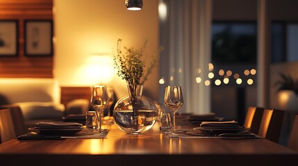 89. A serene dining room setup with sleek wooden furniture, a glass vase centerpiece, and soft overhead lighting