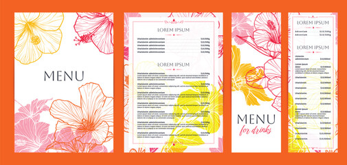 Colorful food and drinks menu designs. Restaurant menu template. Beautiful vector A4 format with high quality flowers for print and online usage. Saturated hand drawn line art hibiscus illustrations.  © Muza