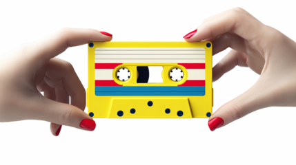 Woman's Hands Gently Holding a Vintage Yellow Audio Cassette Tape A nostalgic retro music image