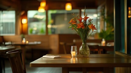 85. A bright dining space with natural wood tones, soft lighting, and a single vase of flowers as decor