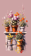 flower pots on a garden bech vector illustration