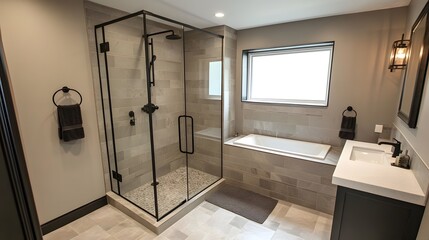 82. A sleek and modern bathroom with black hardware, a frameless glass shower, and minimal accessories