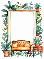 empty picture frame with green plants and sofa vector illustration for insertion