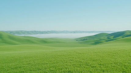 Obraz premium Lush green field with rolling hills in the background covered by a mysterious fog creating a dreamy landscape scene