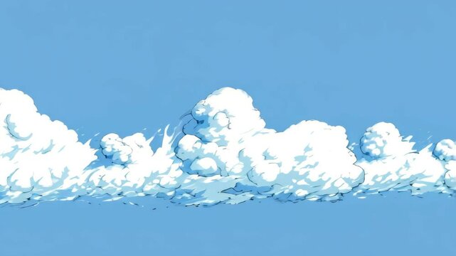 Hand-drawn white clouds floating across a bright blue sky, ideal for animated scenes, children&rsquo;s media, or peaceful cartoon settings.

