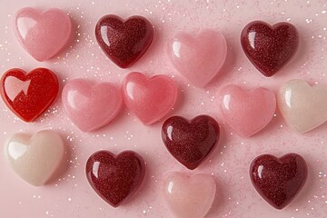 Fototapeta premium Romantic hearts in various shades of pink and red floating