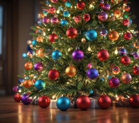 Vibrant baubles adorn a glowing Christmas tree, bokeh lights surround ,  festive season,  ornaments,  backdrop