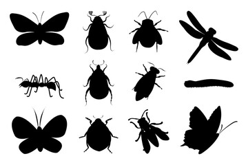 Set of black silhouette of insects. Butterfly, dragonfly, ant, ladybug, bee, bumblebee, wasp, caterpillar, green beetle and cockchafer. Vector illustration on white background.