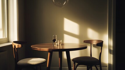 68. A minimal dining room setup with a round wooden table, upholstered chairs, and a subtle monochromatic wall design