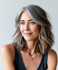 Fototapeta premium Elegant Woman with Silver Hair and Confident Smile