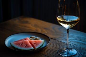 Watermelon Slices and White Wine on Wooden Table