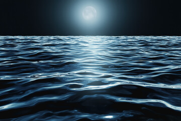 Tranquil moonlit ocean surface at night with gentle waves and glimmering reflections under the starry sky