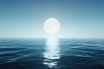 Majestic moon rising over the ocean creating a silvery path of light across the calm water at night