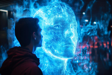 High-tech holographic human body representation futuristic medical identification data interface elements in generative AI