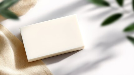 Minimalist soap bar on a soft fabric backdrop with gentle shadows and greenery accents