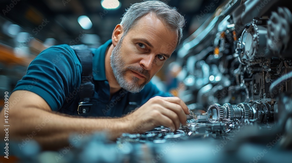 Poster Technician adjusts intricate components of advanced machinery in a manufacturing setting, showcasing skills in engineering and meticulous attention to detail during the work process.