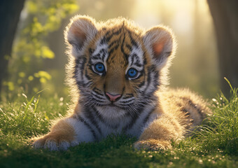 Fototapeta premium Tiger Cub in a Sunlit Forest Clearing
