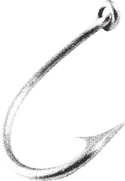 Black and white xerox effect vector fishing hook isolated illustration grunge textured bait hook icon fishing equipment monochrome roughened fishing hook symbol angling hobby fishing tackle design
