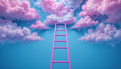 Pink Ladder Leading Up Through Colorful Dreamy Clouds in a Bright Blue Sky Background