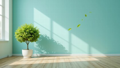 Minimalist Interior Space With Green Tree and Sunlight Streaming Through Windows