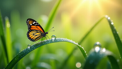 Monarch butterfly rests on a dewy grass blade in the warm morning sun.